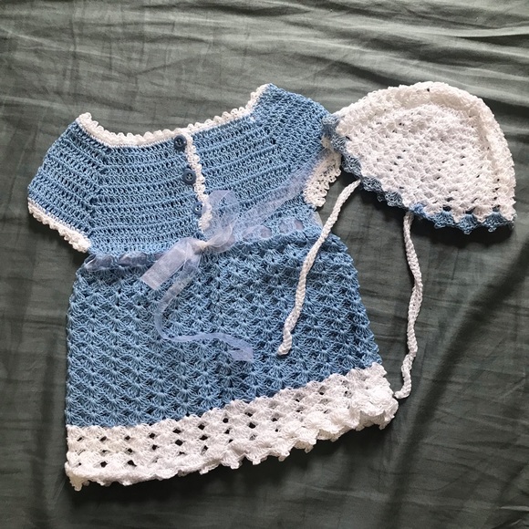 Crochet Blue and white New Born Baby Dress And Hat Read - Picture 2 of 9